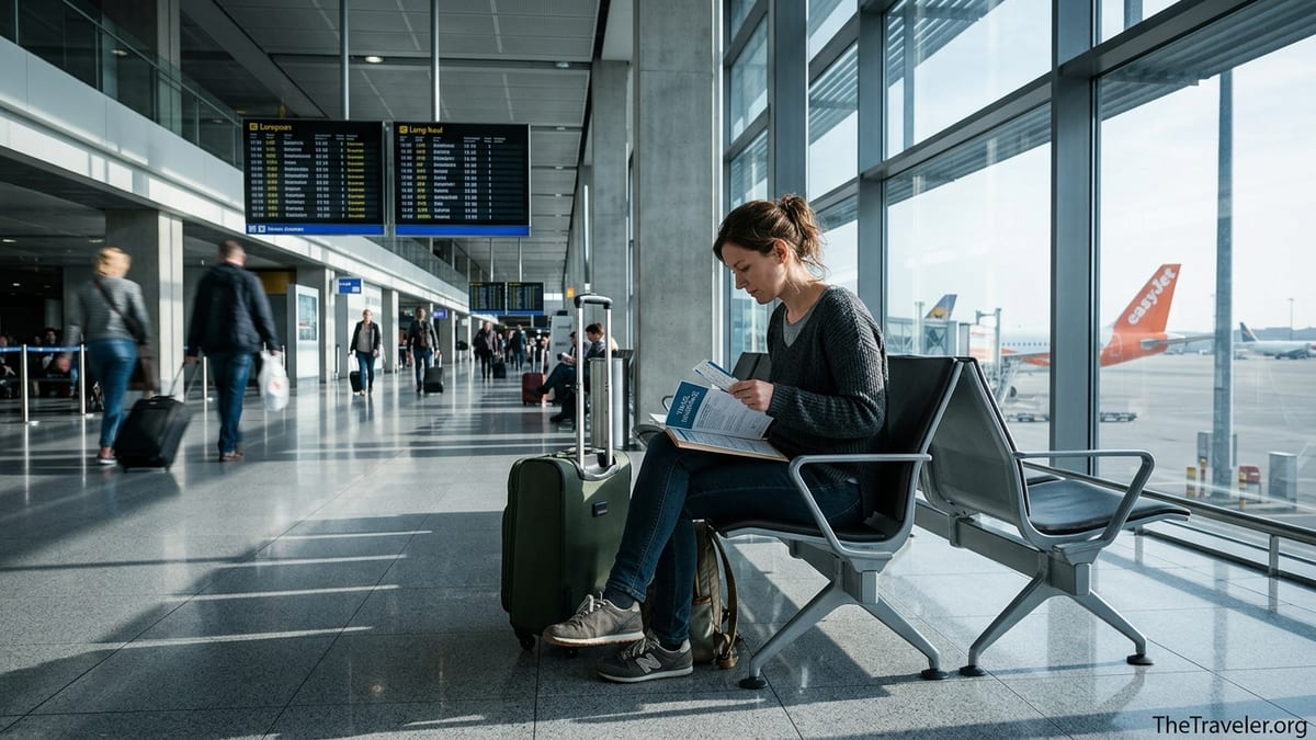 Traveler reviewing insurance documents in a bright European airport terminal