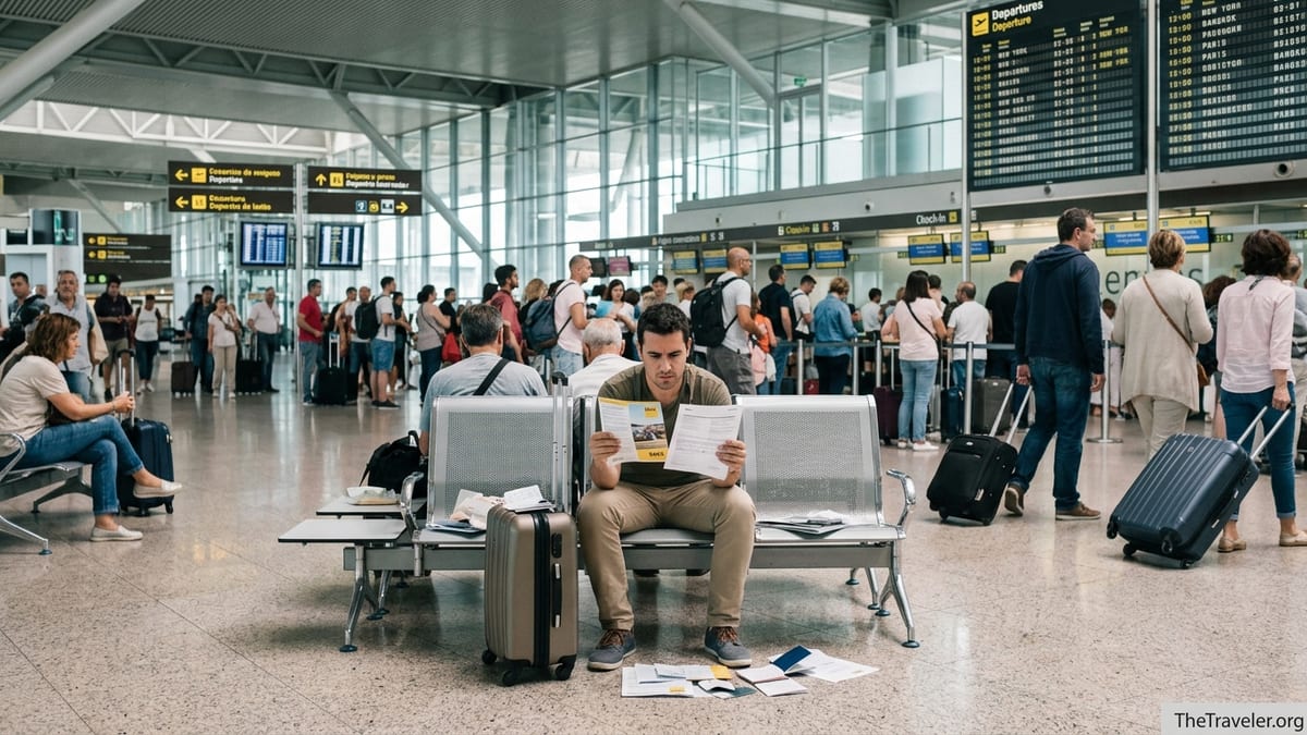 Traveler in a Spanish airport comparing RACC travel insurance papers before a flight.