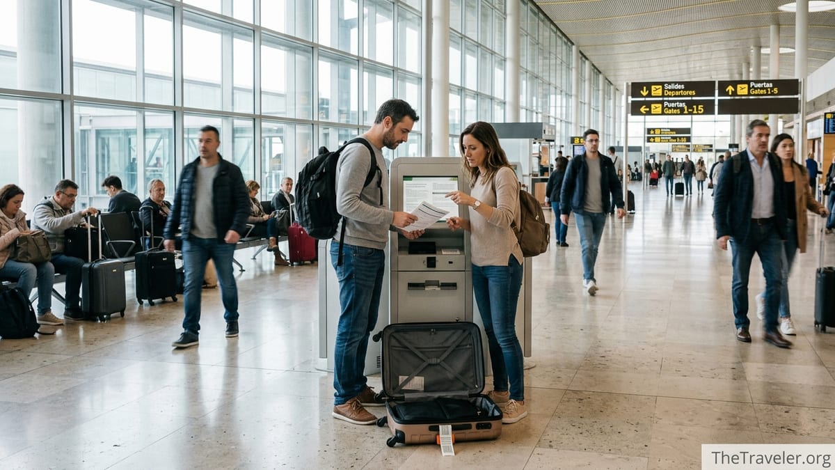 Travelers at a European airport checking documents before departure.