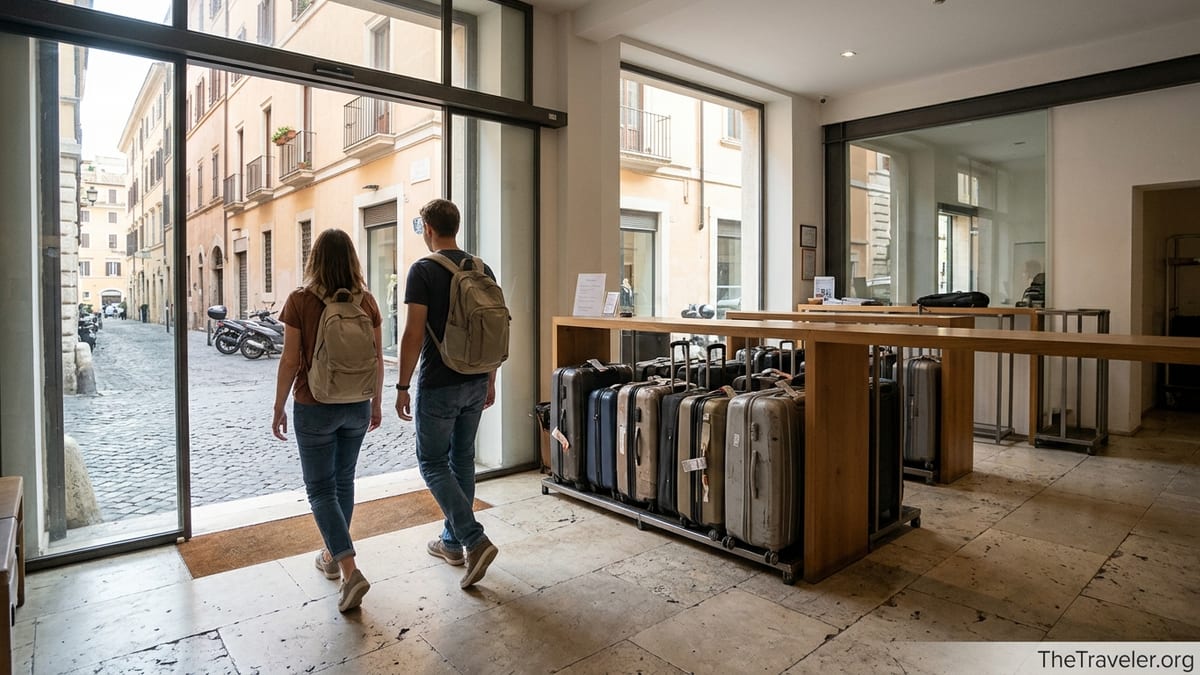 Travelers walking through a European city after leaving luggage at a staffed storage counter.