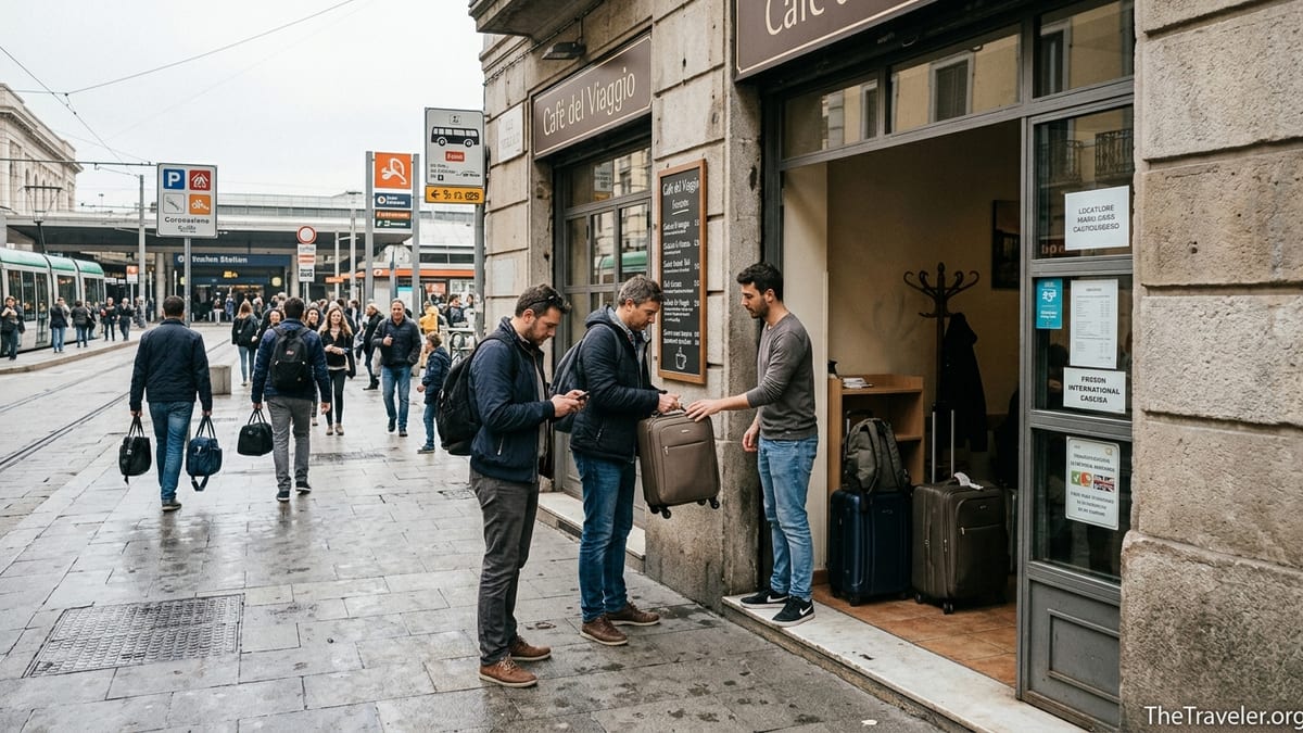 Travelers leaving suitcases at a small city cafe luggage storage near a train station.