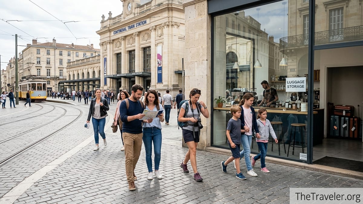 Travelers walking hands free near a European train station after using a luggage storage cafe.