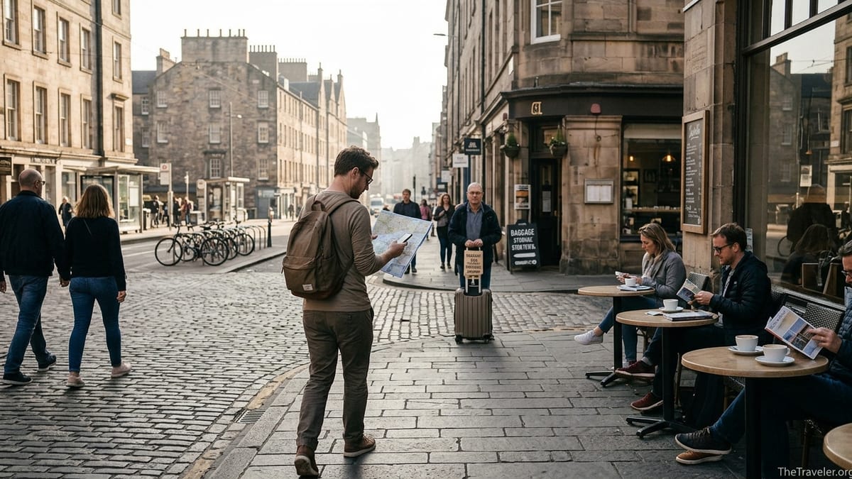 Traveler walking hands-free through a European city center after storing luggage nearby.