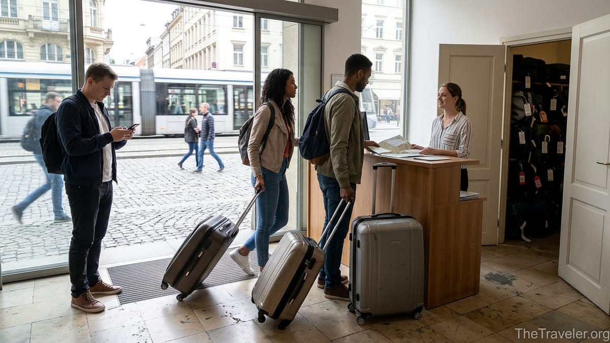 Travelers dropping bags at a small hotel reception to use an app-based luggage storage service.