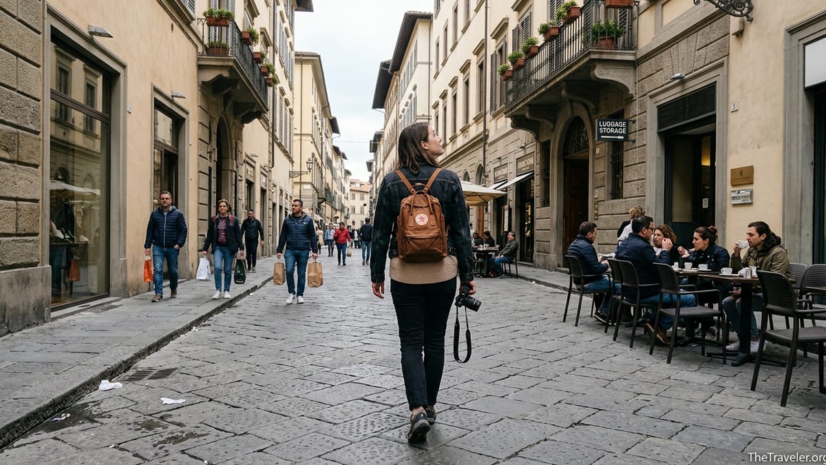 Traveler exploring a European city center hands-free with only a daypack, luggage stored elsewhere.