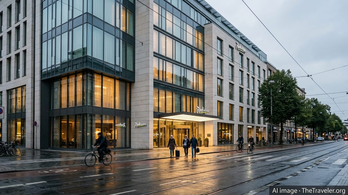 Evening street view of a modern Radisson city hotel with warm lights and wet pavement reflections.