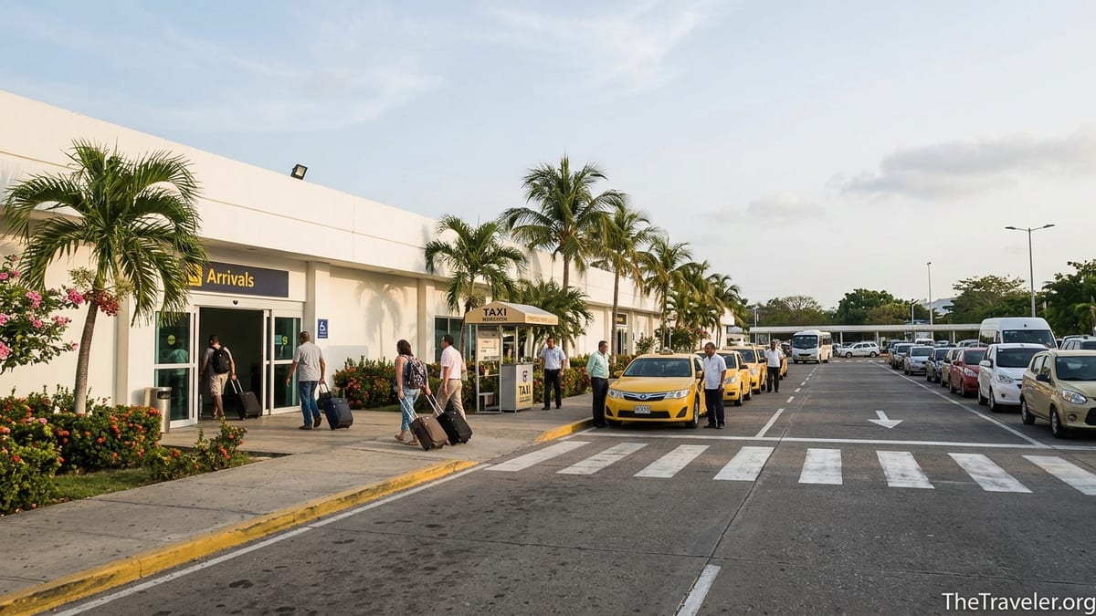 Arrivals curb at Rafael Núñez International Airport with taxis and travelers exiting the terminal in Cartagena.