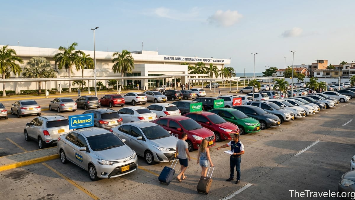 Travelers picking up rental cars outside Rafael Núñez International Airport in Cartagena.
