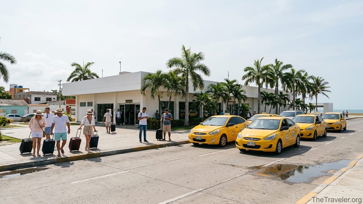 Travelers exit Rafael Núñez International Airport in Cartagena and line up for yellow taxis.