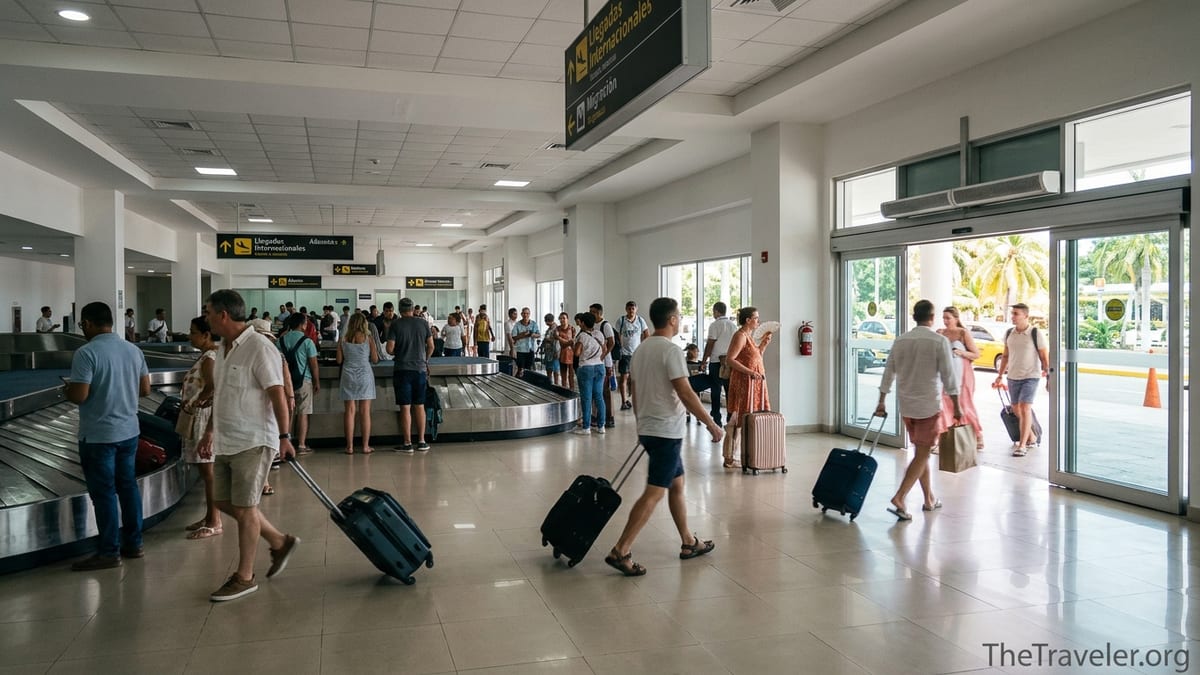 Travelers collecting luggage and exiting customs at Rafael Núñez International Airport in Cartagena.