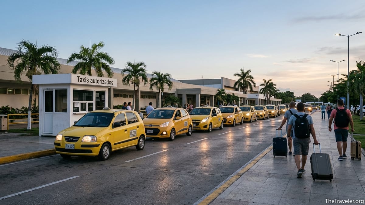 Passengers with luggage lining up for yellow taxis at Rafael Núñez Airport in Cartagena at dusk.
