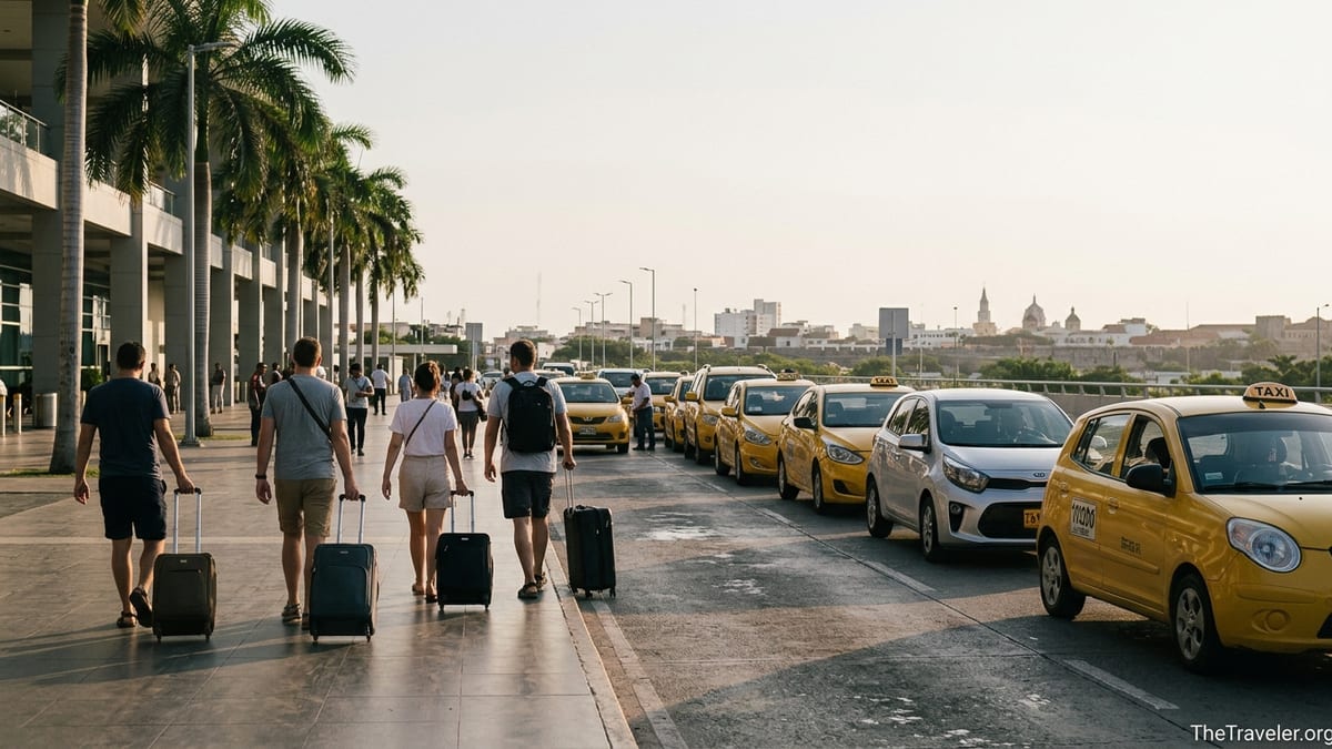 Travelers with luggage boarding yellow taxis outside Rafael Núñez Airport in Cartagena at sunset