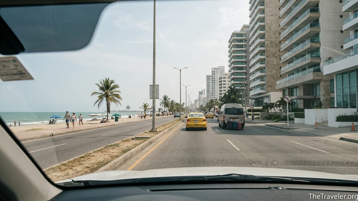 Coastal road from Cartagena airport to La Boquilla with taxis and beachfront hotels along the Caribbean shore.