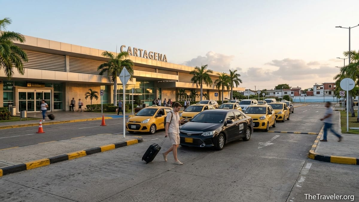 Traveler using a rideshare app outside Rafael Núñez International Airport in Cartagena.