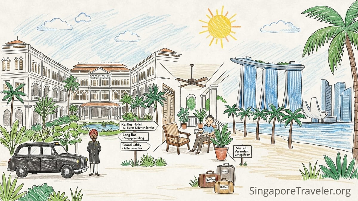 Colonial facade of Raffles Hotel Singapore with palms and arriving guests at golden hour