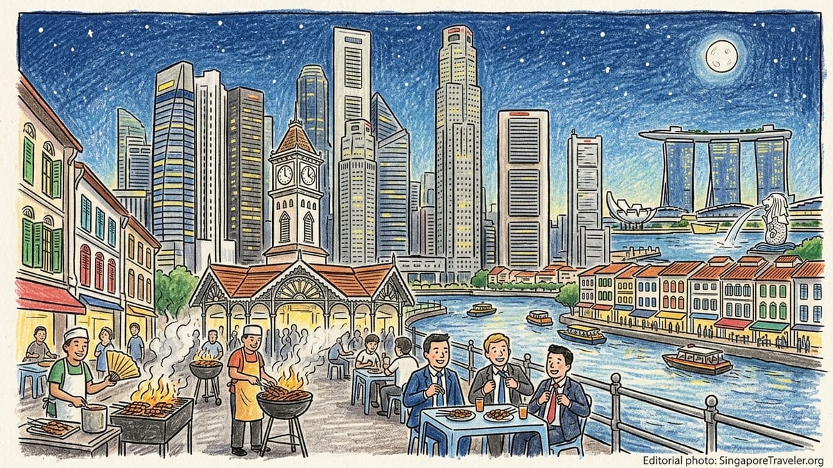 Raffles Place skyscrapers and Boat Quay shophouses overlooking the Singapore River at sunset.