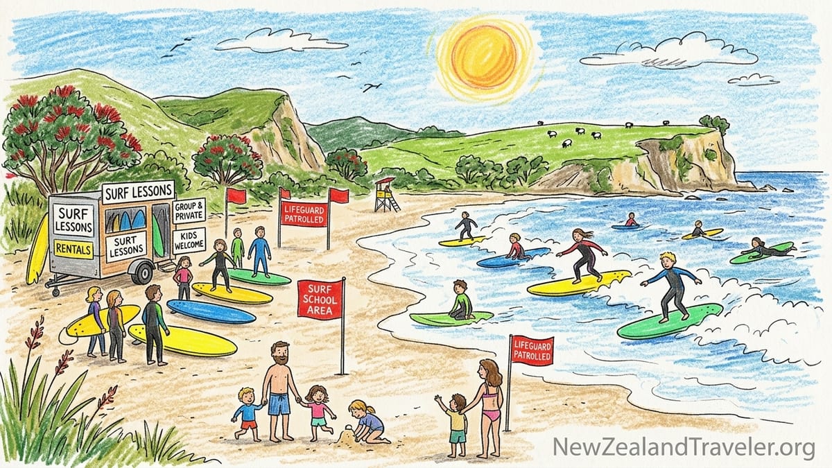 Beginner surfers taking lessons at Ngarunui Beach in Raglan with instructors and soft-top boards.