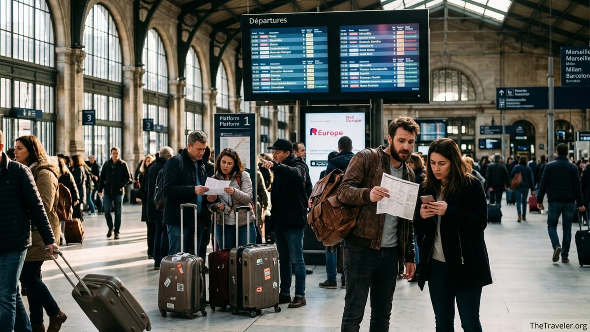 Travelers studying train tickets and departure boards in a busy European station concourse.