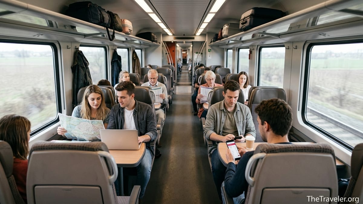 Travelers on a European train comparing rail passes and mobile tickets with countryside outside.