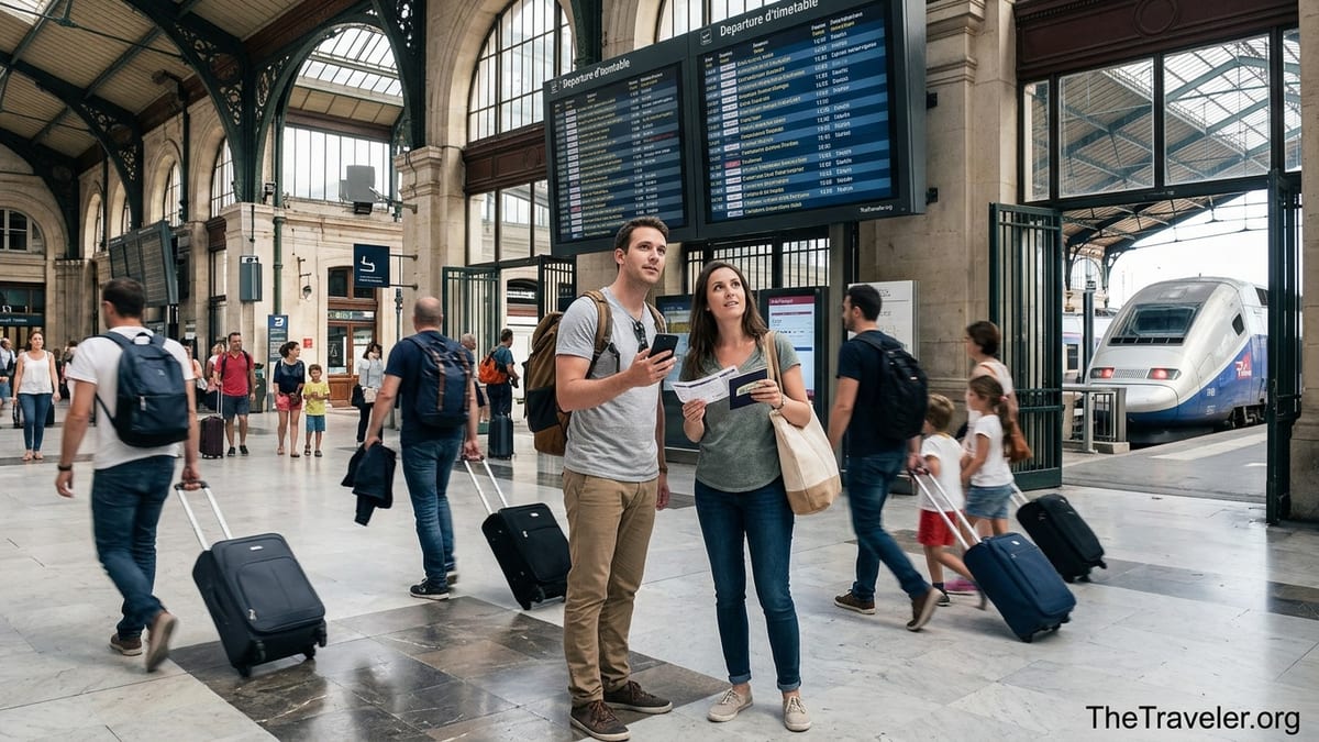 Travelers compare Rail Europe tickets with station departures inside a busy European train station.