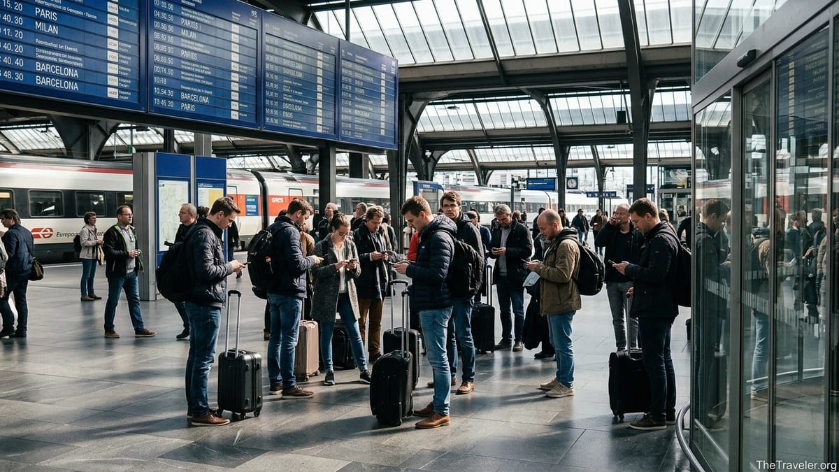 Travelers checking phones under departure boards in a busy European train station
