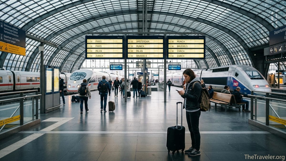 Traveler comparing rail booking apps on a phone in a busy European train station