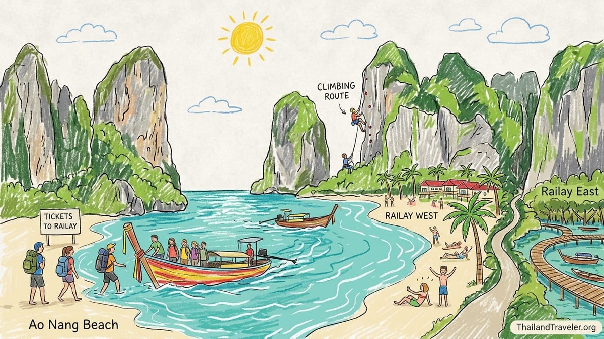 Sunrise over Railay West Beach with longtail boats and limestone cliffs in Krabi, Thailand.