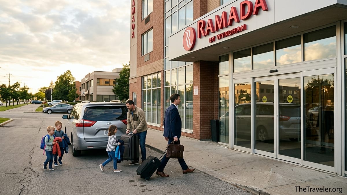 Business traveler and family arriving together at a Ramada hotel entrance at sunset.