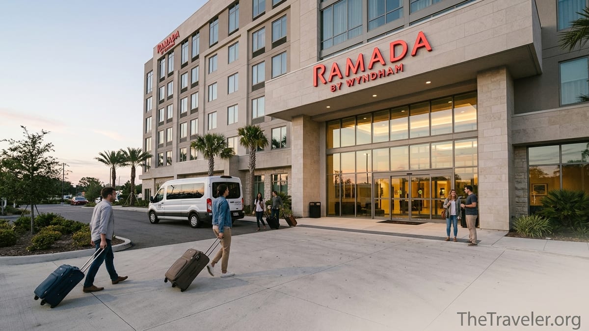Evening view of a Ramada by Wyndham hotel near an airport with travelers and shuttle.