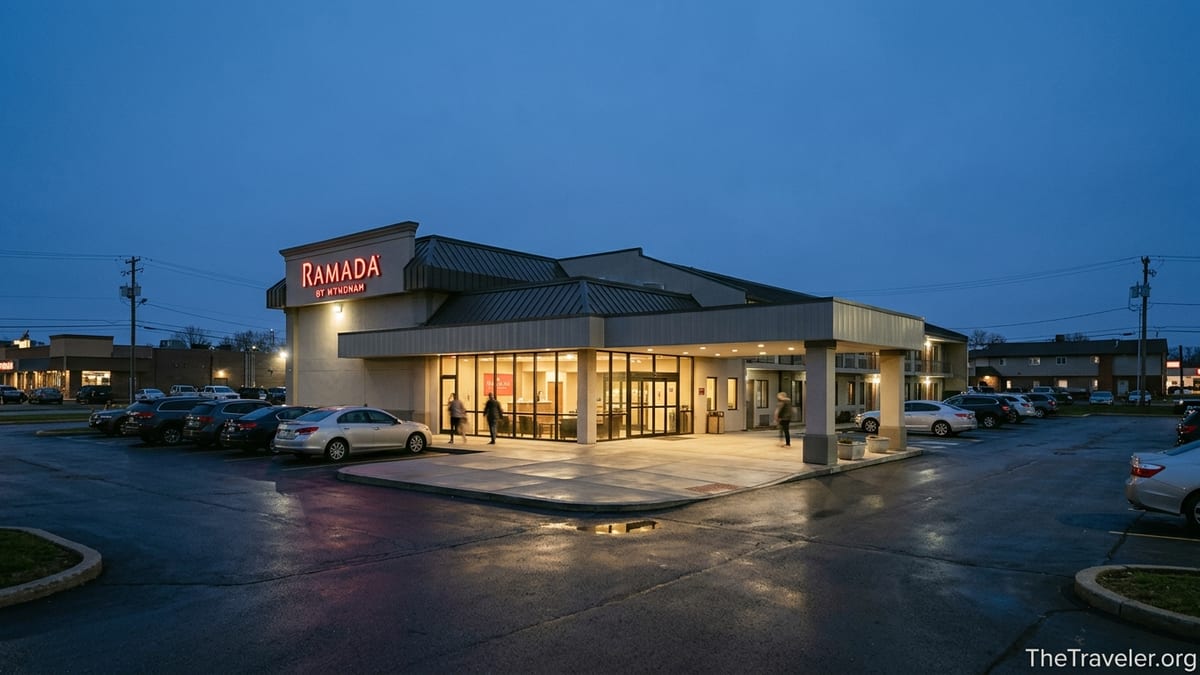 Ramada by Wyndham hotel exterior at blue hour with warm lights and parked cars