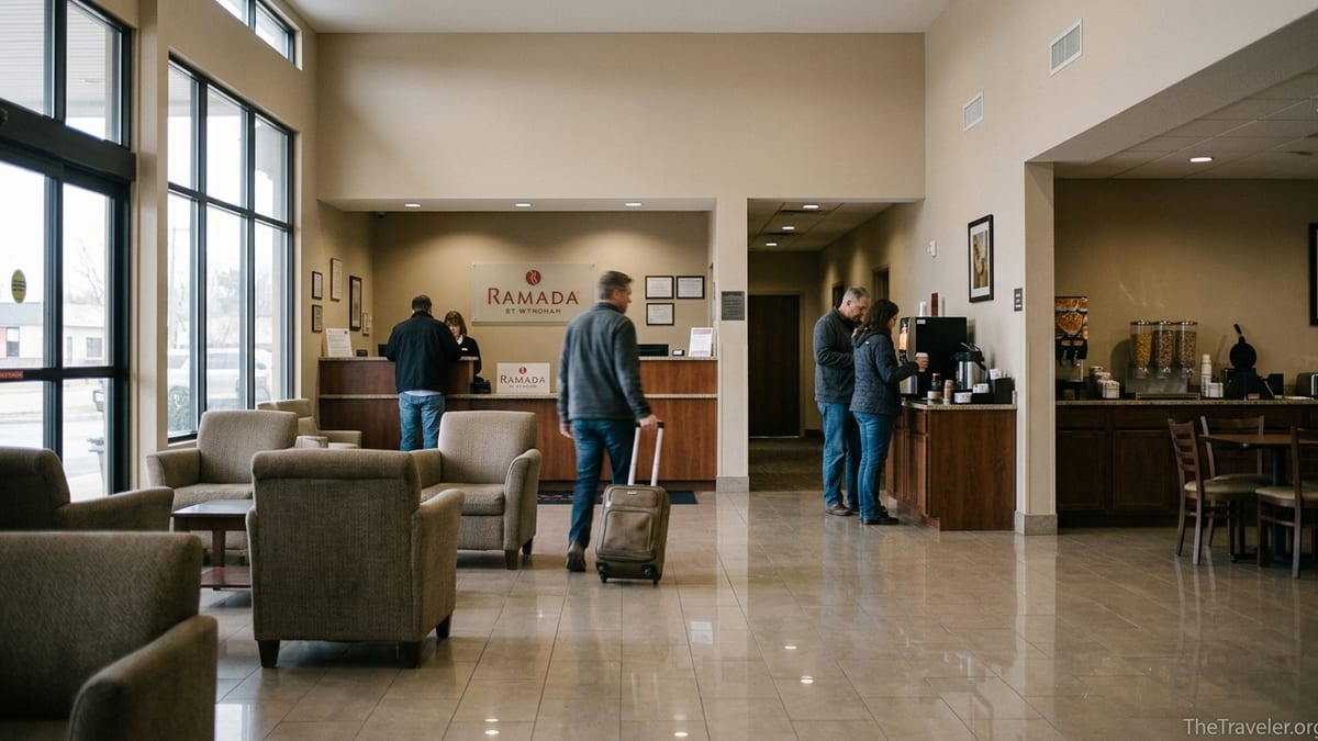 Ramada hotel lobby in the morning with guests checking out and breakfast area visible.
