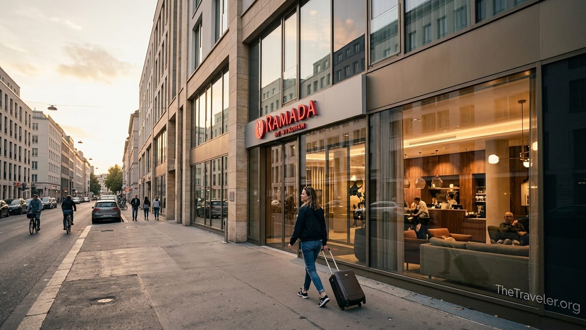 Traveler with suitcase arriving at a modern Ramada city hotel at golden hour