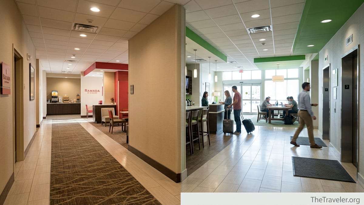Hotel lobby scene comparing Ramada and Holiday Inn style spaces with travelers checking in.