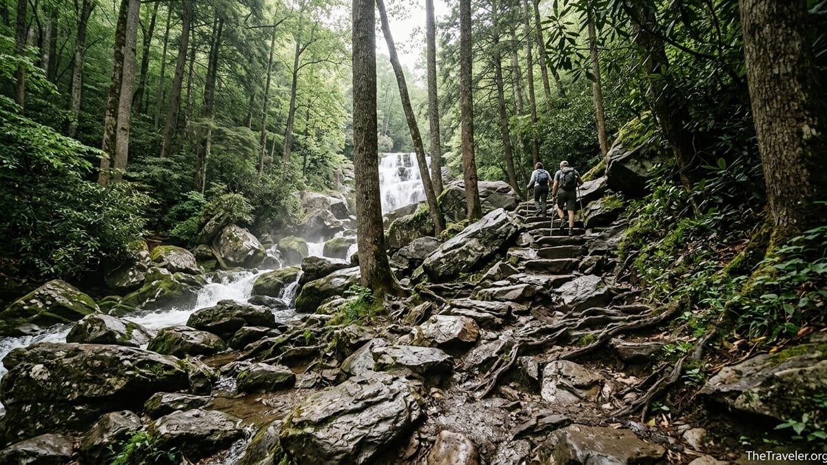 Steep rocky section of Ramsey Cascades Trail beside a rushing creek in lush Smoky Mountains forest.