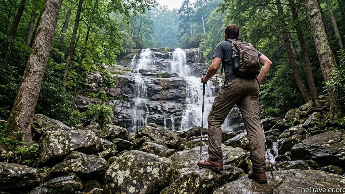 Tired hiker on boulders below Ramsey Cascades waterfall in Great Smoky Mountains.