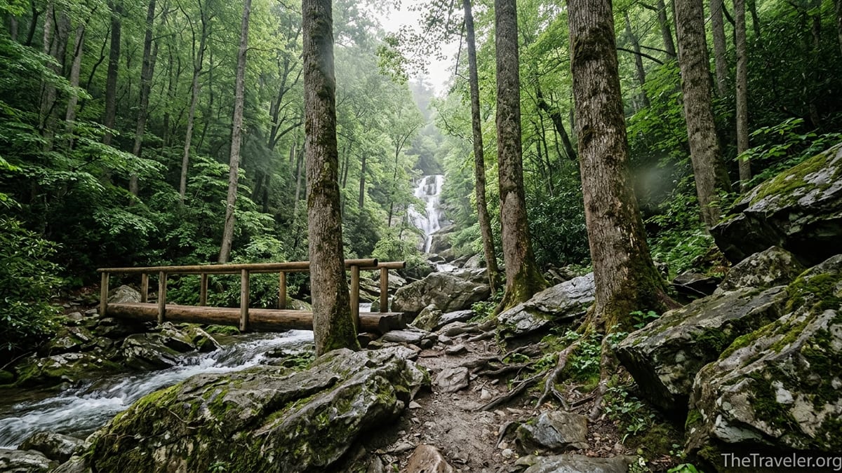 Rocky Ramsey Cascades trail with log footbridge and dense green forest in Great Smoky Mountains.