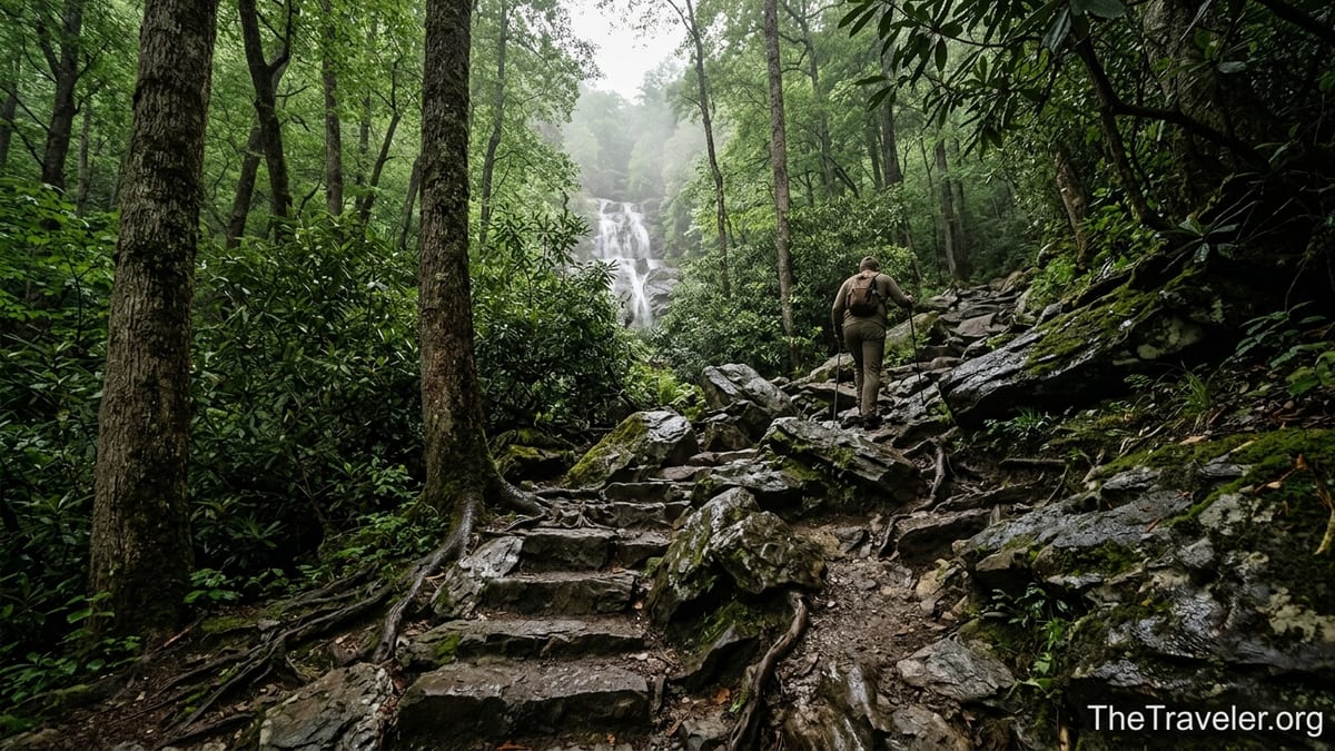 Steep rocky trail through lush Smokies forest leading toward distant Ramsey Cascades waterfall.