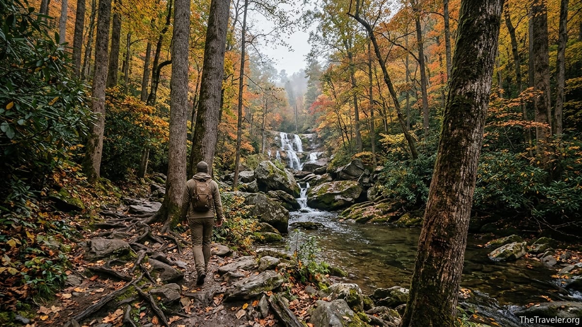 Hiker on the rugged Ramsey Cascades Trail walking beside a creek in an autumn forest.