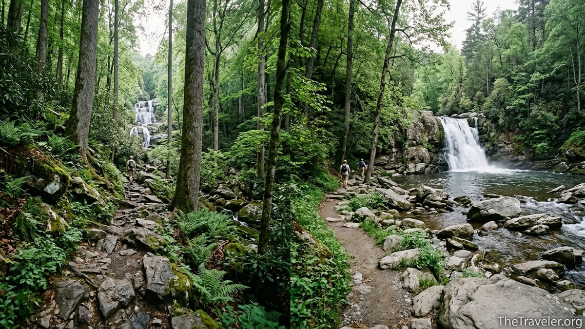 Forest trails in the Smokies leading to tall and low waterfalls, representing Ramsey Cascades and Abrams Falls.