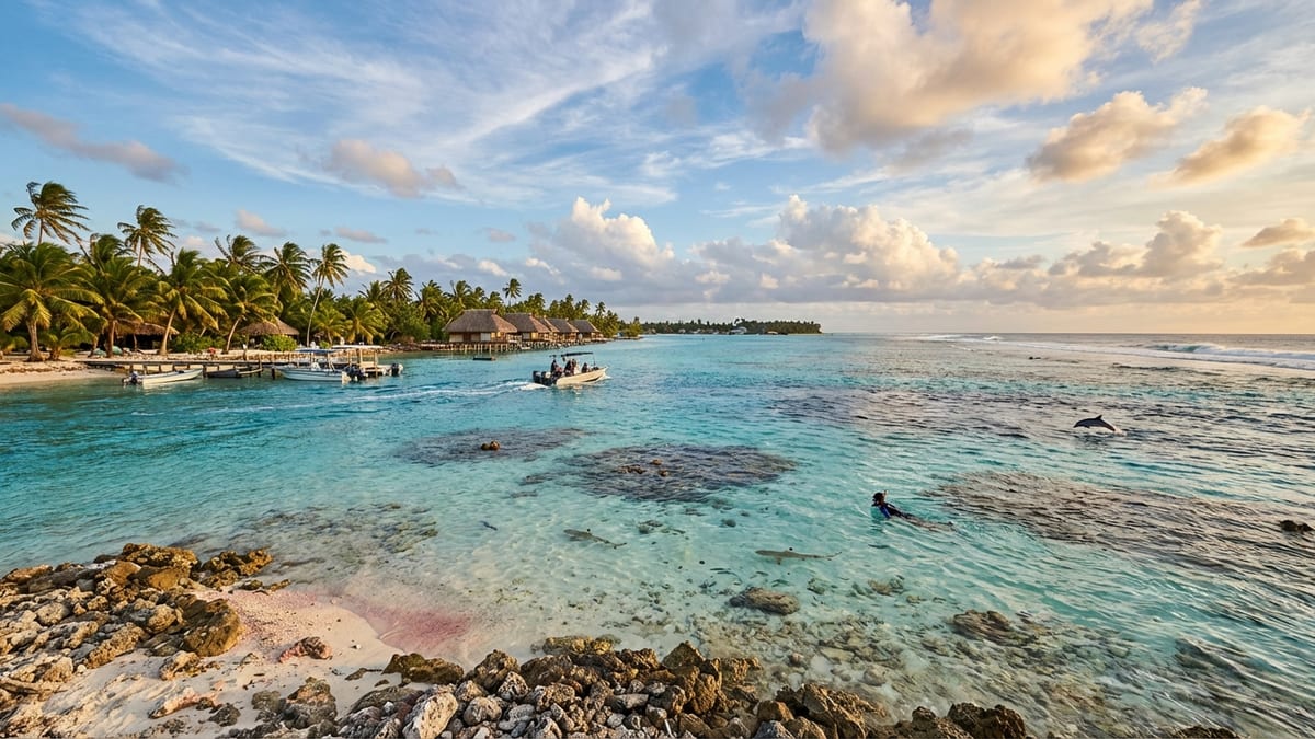 Late afternoon view of Rangiroa's turquoise lagoon, motus, and marine life.