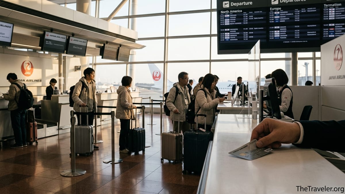 Travelers at Haneda Airport checking in with Japanese airline credit cards visible at the counter.