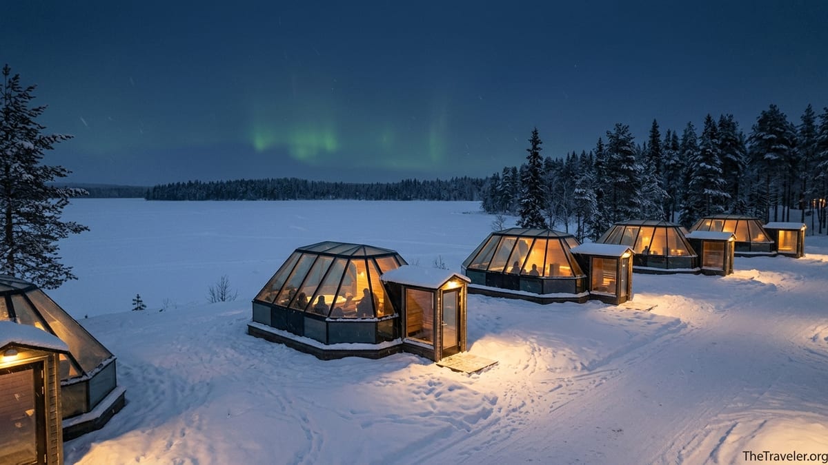 Glass igloos glowing beside snowy Lake Ranuanjärvi under faint Northern Lights in Ranua, Lapland.