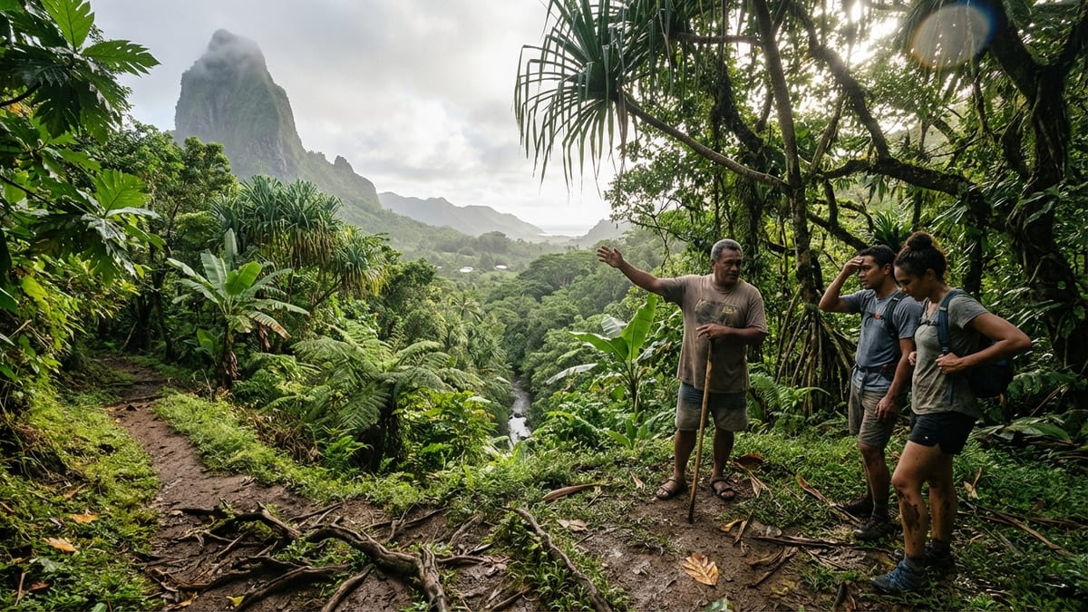 Travel guide and hikers on a jungle trail in Rarotonga's volcanic interior.