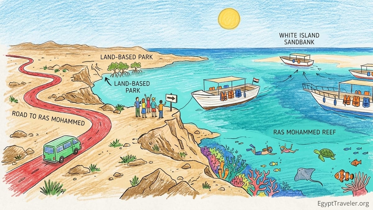 Snorkelers from a day boat floating over the reef at Ras Mohammed National Park with Sinai desert in the background.