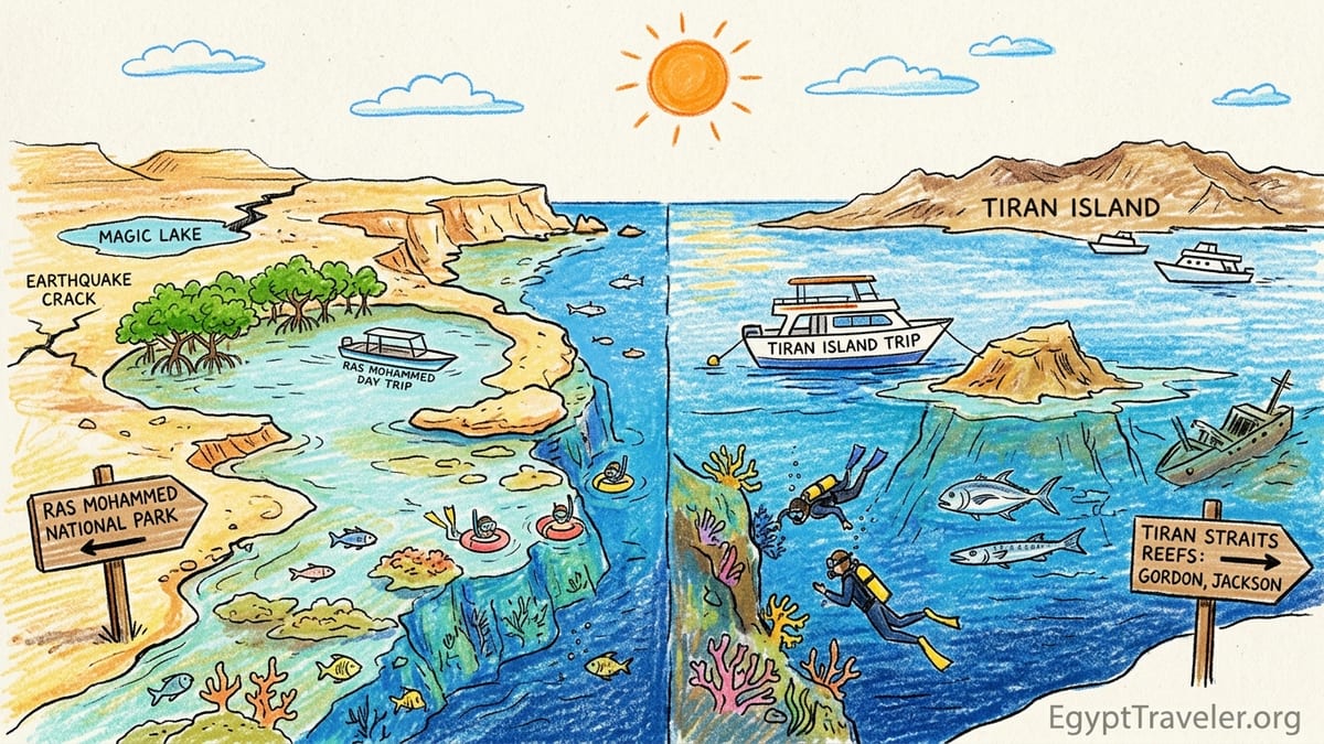 Aerial view of boats over coral reefs at Ras Mohammed and the Straits of Tiran near Sharm El Sheikh.