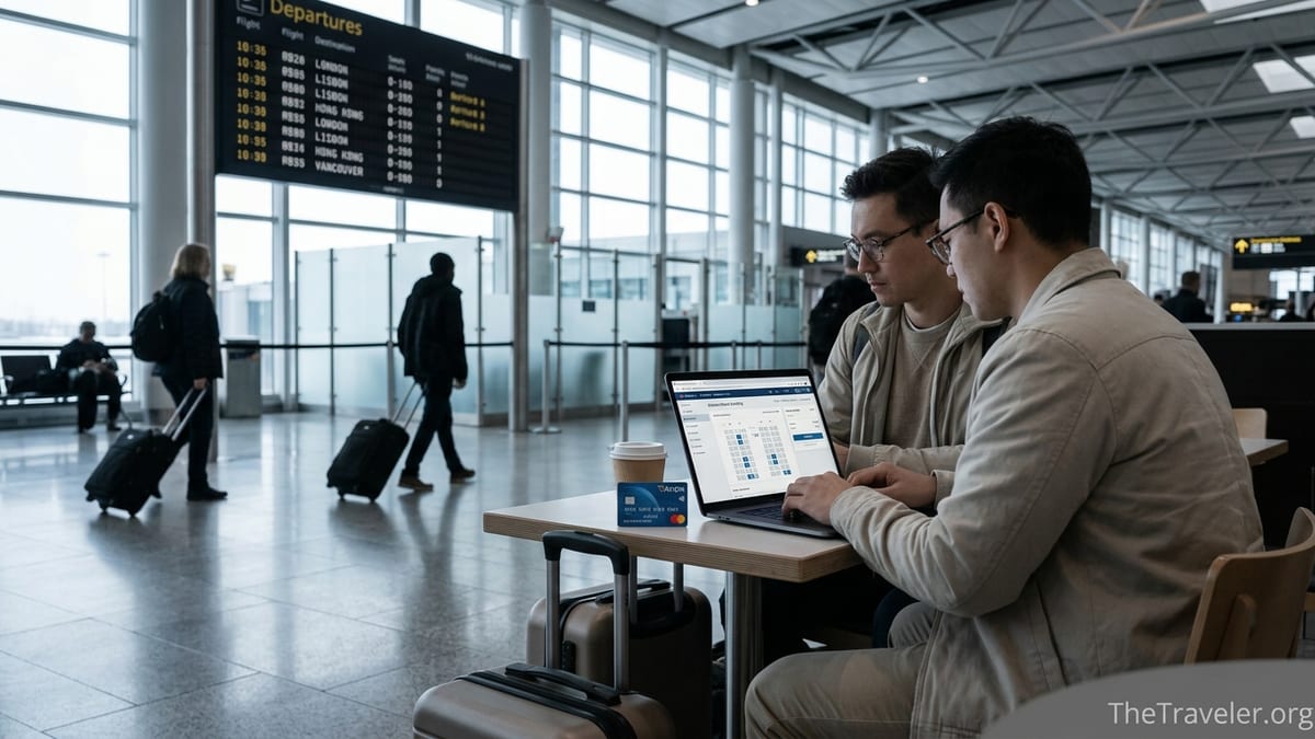 Traveler in a Canadian airport using a laptop and credit card to book flights with points.
