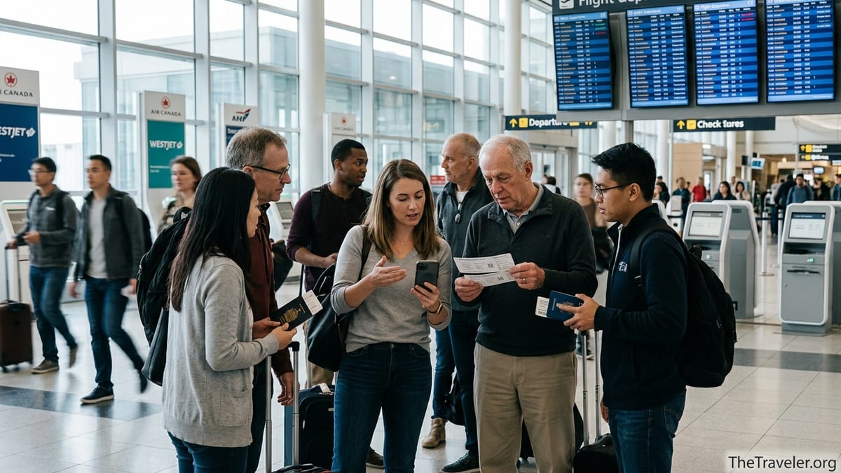 Travelers in a Canadian airport terminal comparing a rewards credit card and flight options.