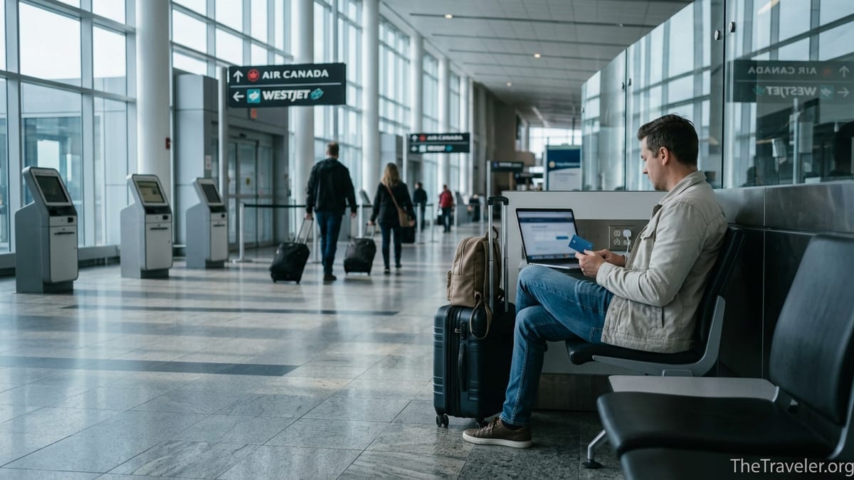 Traveler at Canadian airport planning flights on a laptop with a credit card and carry-on bag.