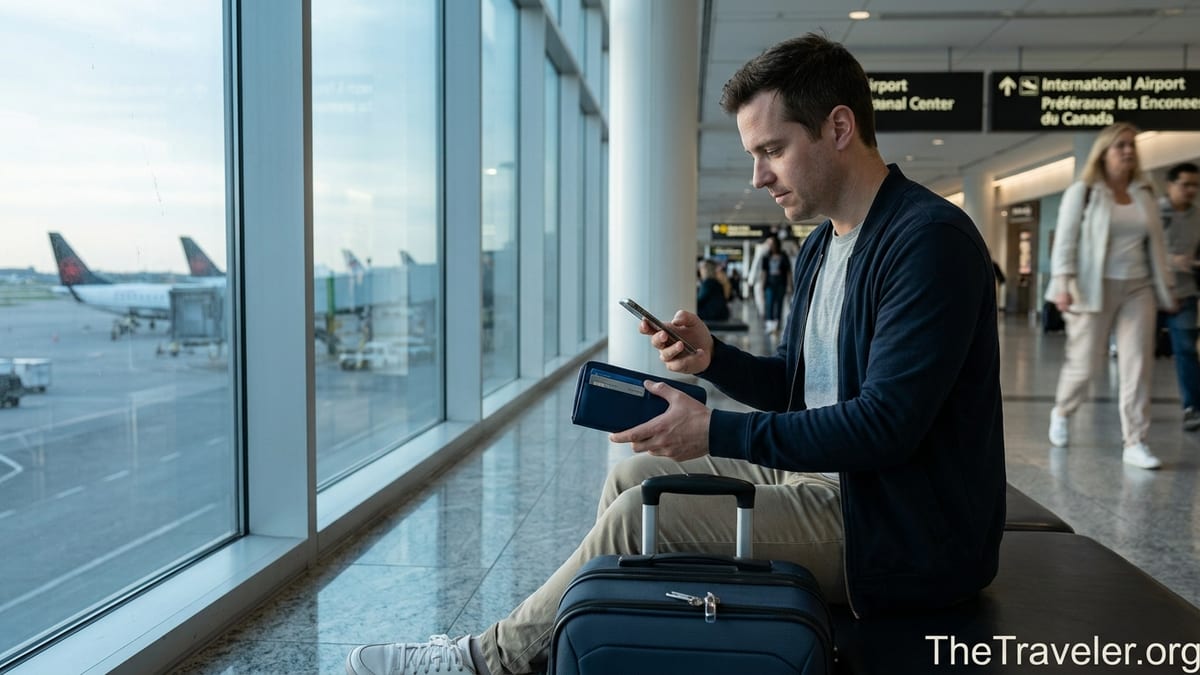 Traveler in a Canadian airport terminal checking a credit card and phone by large windows.