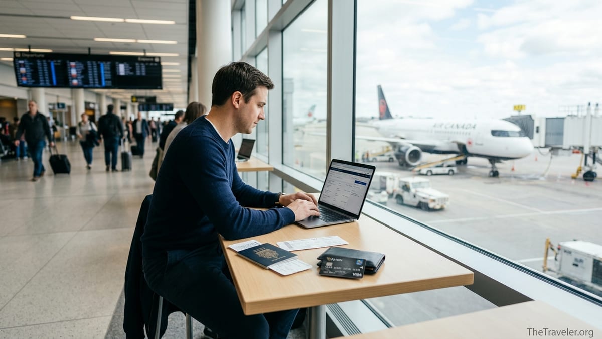 Traveller at Canadian airport using laptop with RBC Avion Visa Infinite card and passport beside a window overlooking an Air